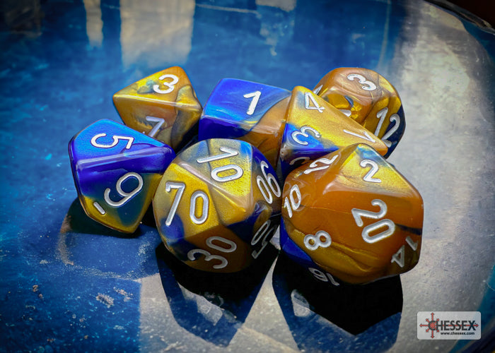 Chessex - Gemini Polyhedral 7 Dice Set - Blue, Gold with White