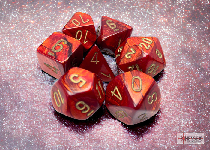 Chessex - Scarab Polyhedral 7 Dice Set - Scarlet with Gold