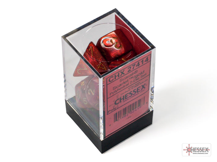Chessex - Scarab Polyhedral 7 Dice Set - Scarlet with Gold