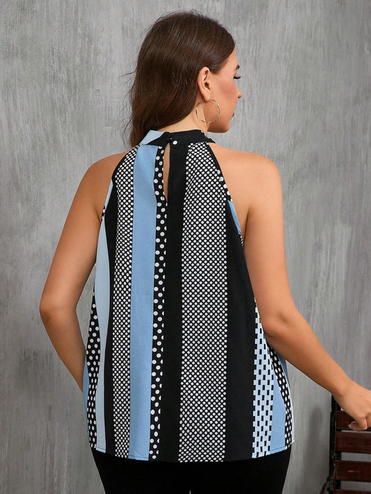 Women Contrast Polka Dot Print Casual Cold Shoulder Halter Blouse
