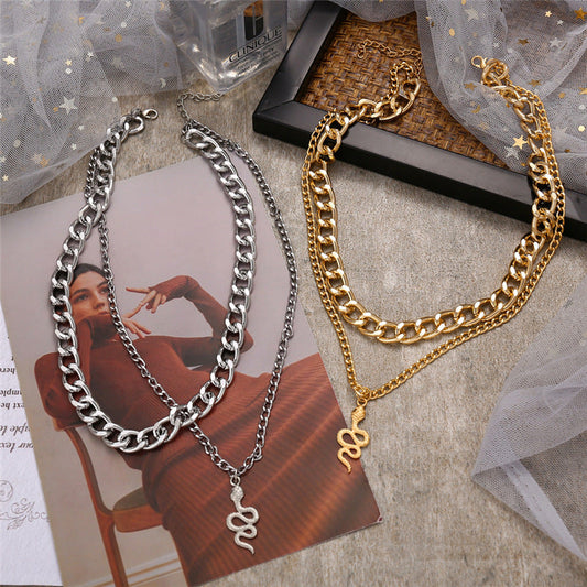 Chunky Chain Double Snake Pendant Necklace