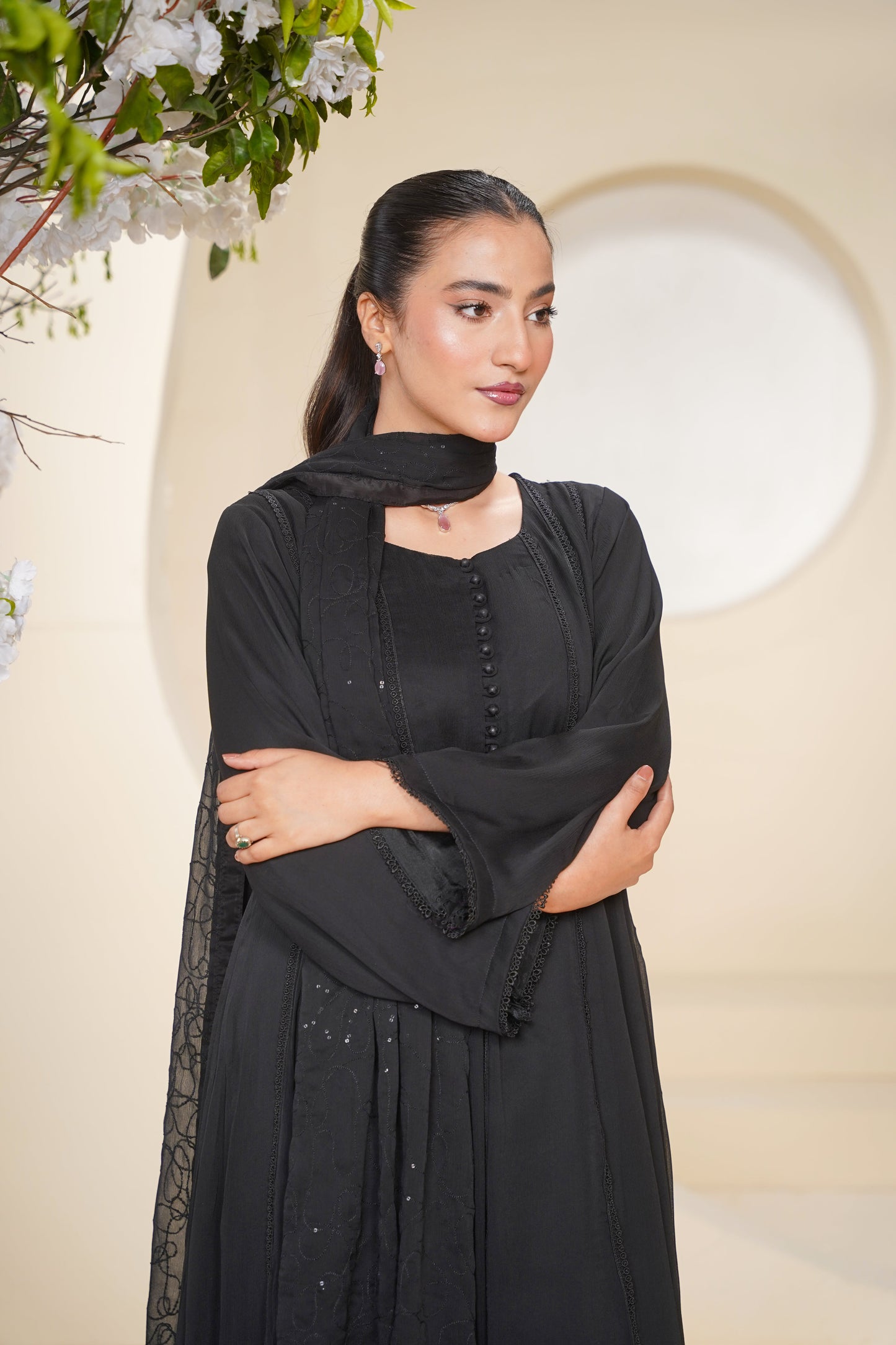 Husan e Jahan - Luxury Chiffon Maxi Outfit with Chiffon Dupatta - Ready to Wear - Eid25 - HEJBlackV3D3