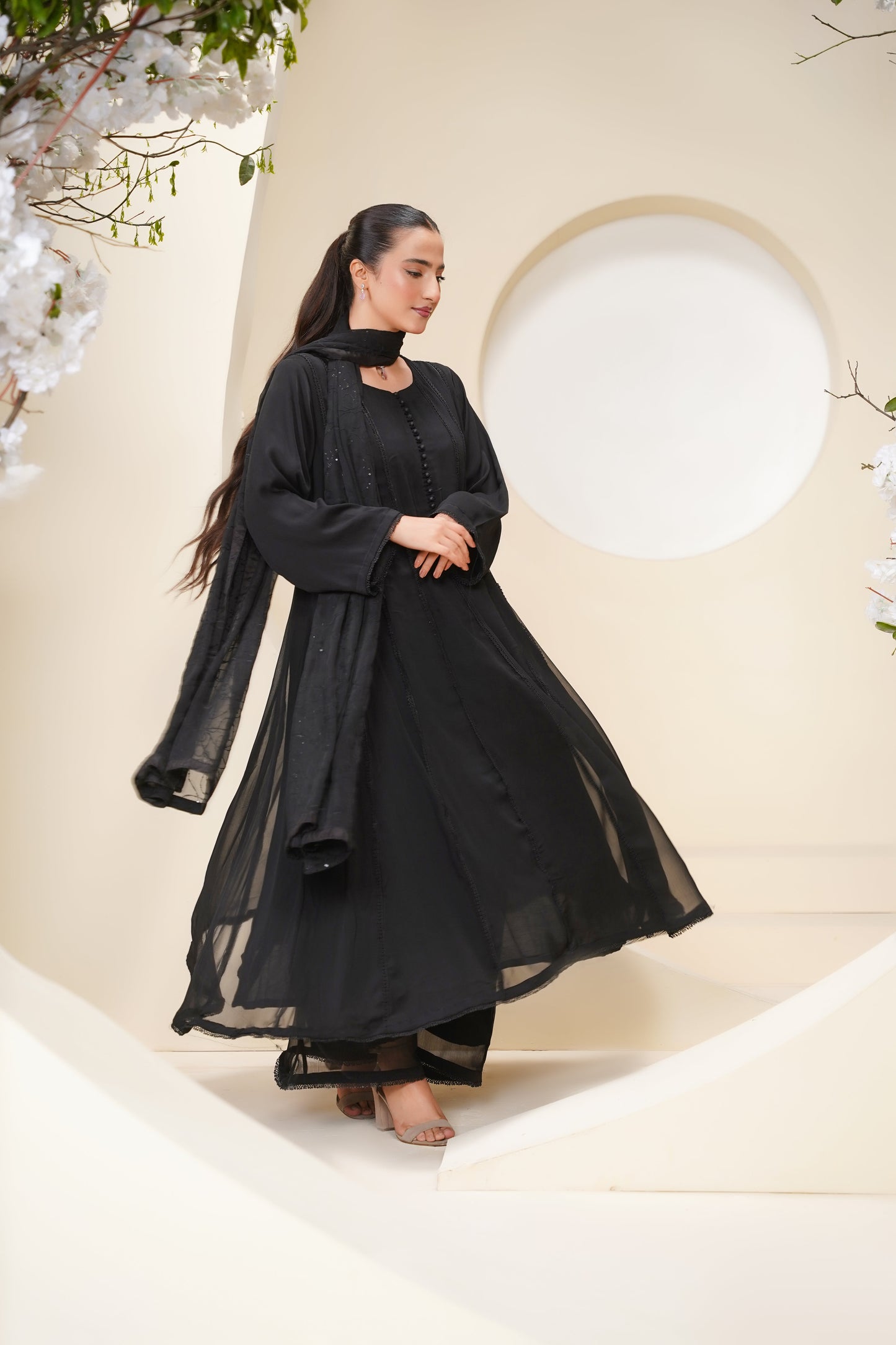 Husan e Jahan - Luxury Chiffon Maxi Outfit with Chiffon Dupatta - Ready to Wear - Eid25 - HEJBlackV3D3