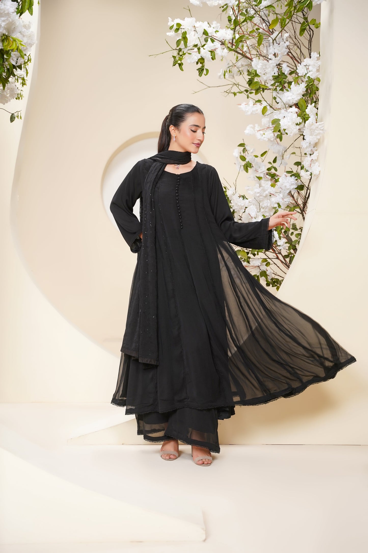 Husan e Jahan - Luxury Chiffon Maxi Outfit with Chiffon Dupatta - Ready to Wear - Eid25 - HEJBlackV3D3