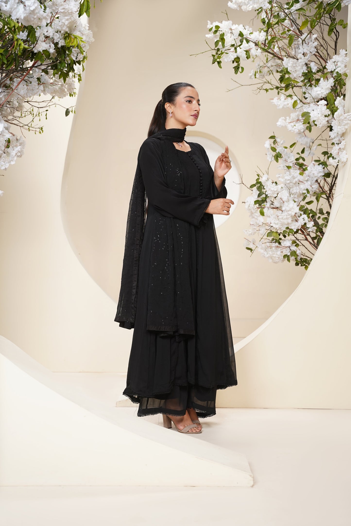 Husan e Jahan - Luxury Chiffon Maxi Outfit with Chiffon Dupatta - Ready to Wear - Eid25 - HEJBlackV3D3