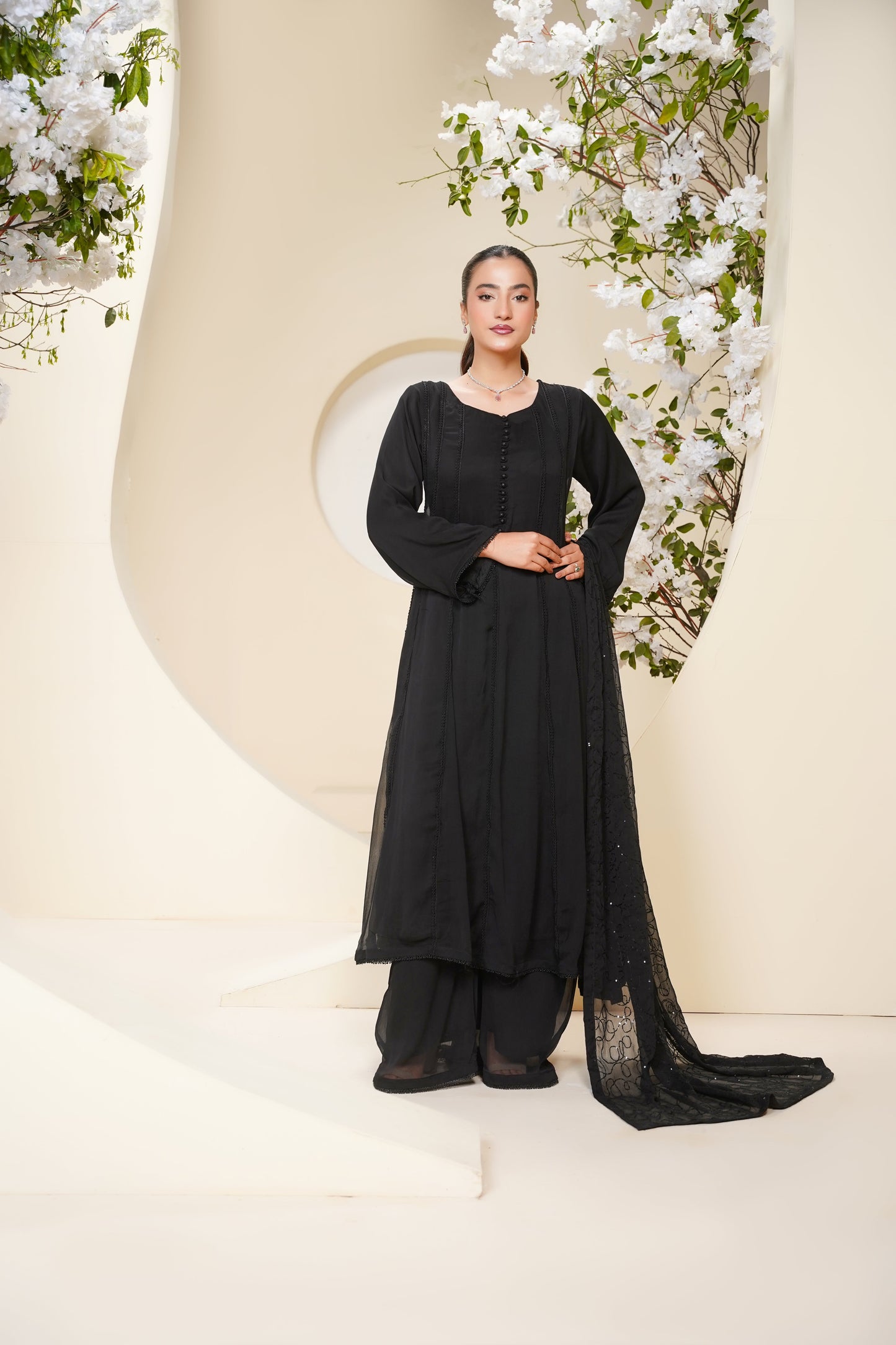 Husan e Jahan - Luxury Chiffon Maxi Outfit with Chiffon Dupatta - Ready to Wear - Eid25 - HEJBlackV3D3