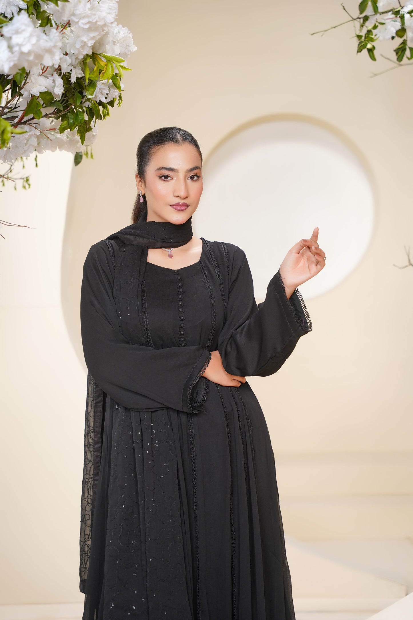 Husan e Jahan - Luxury Chiffon Maxi Outfit with Chiffon Dupatta - Ready to Wear - Eid25 - HEJBlackV3D3