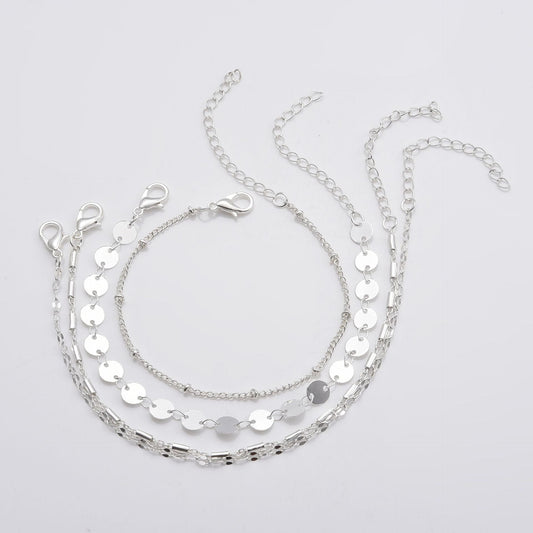 Tube Chain Disc Lace Bracelet, 4Pc Set