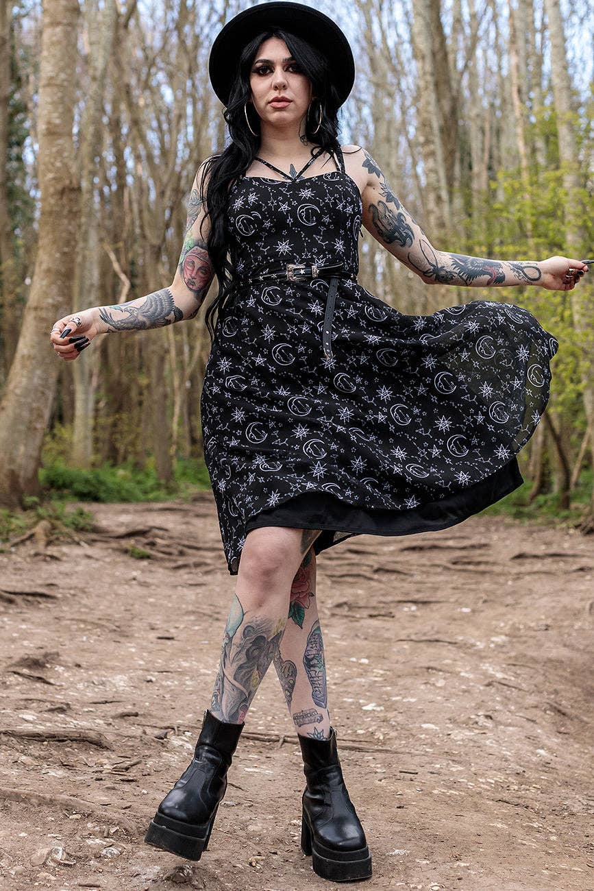 Alternative Crossover Midi Moon print Neck Dress In Chiffon