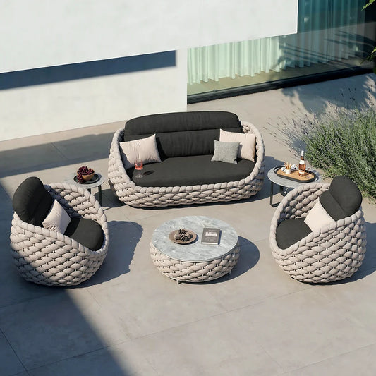 Marbella Textilene Rope Woven Outdoor Sofa Set with Water-Proof Covers, Grey