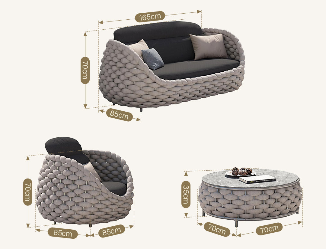 Marbella Textilene Rope Woven Outdoor Sofa Set with Water-Proof Covers, Grey