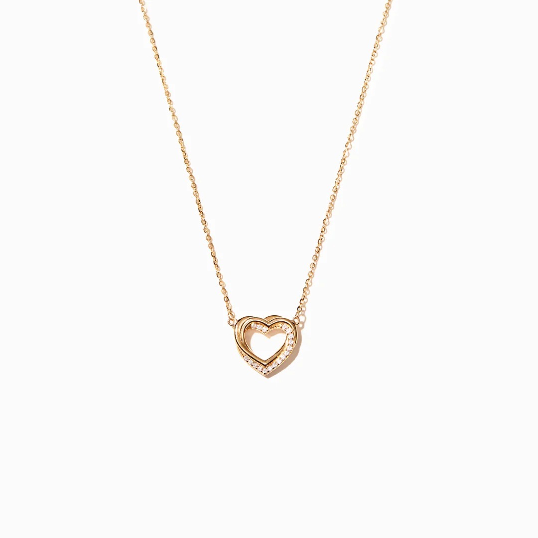 Silver Overlapping Double Hollow Heart Necklace