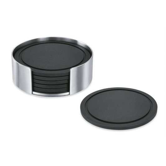 Zack Vetro Silicone Coaster Set with Brushed Steel Stand — Set of 6