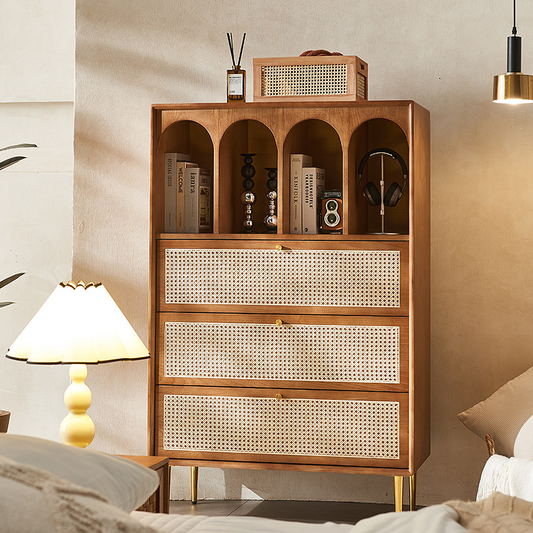 Maasai Tall Sideboard, Rattan & Solid Wood Cabinet