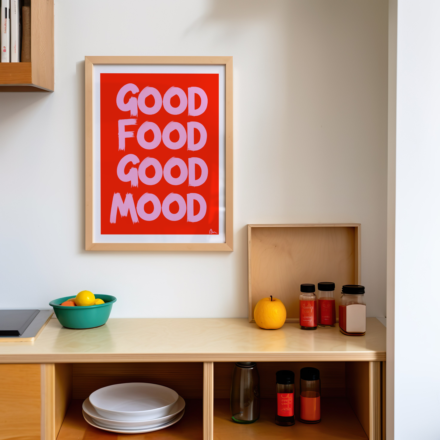 Good Food Good Mood | Pink and Red Food and Drink Kitsch Kitchen Print