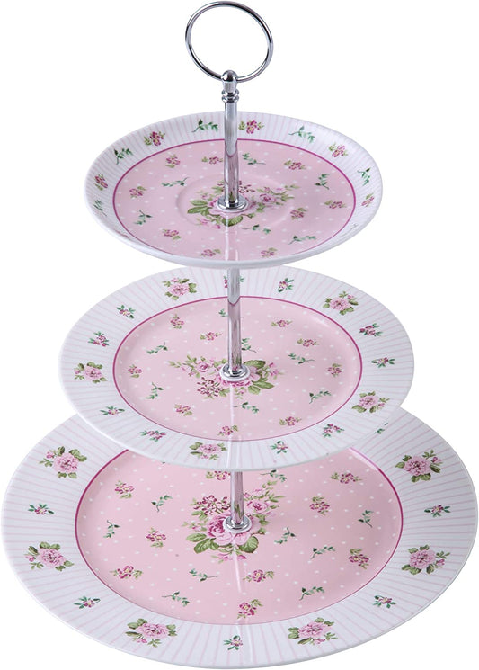 3 Tier Cake Plate Stand Porcelain Vintage Victoria Flower Floral Rose in Gift Box (Pink)