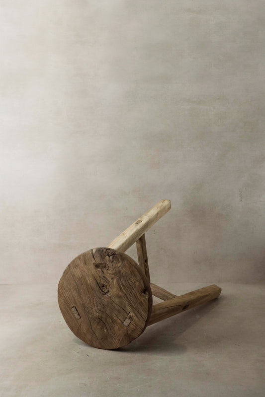Vintage Rustic Elm Wood Stool - Round - No 8