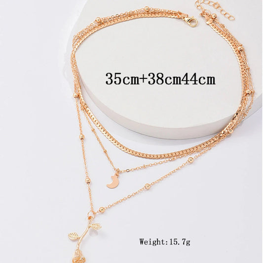 Multilayer Moon & Rose Flower Gold Pendant Necklace