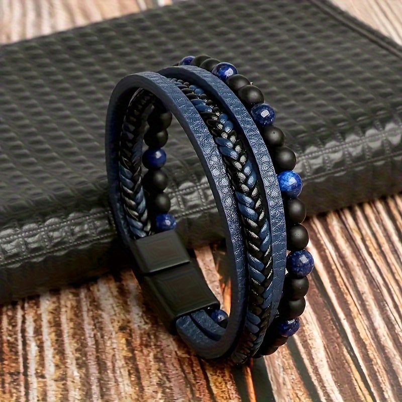 1pc Unique Tiger Eye Stone Beaded Fashion Layered Woven Faux Leather Men's Daily Wear Statement Bracelet