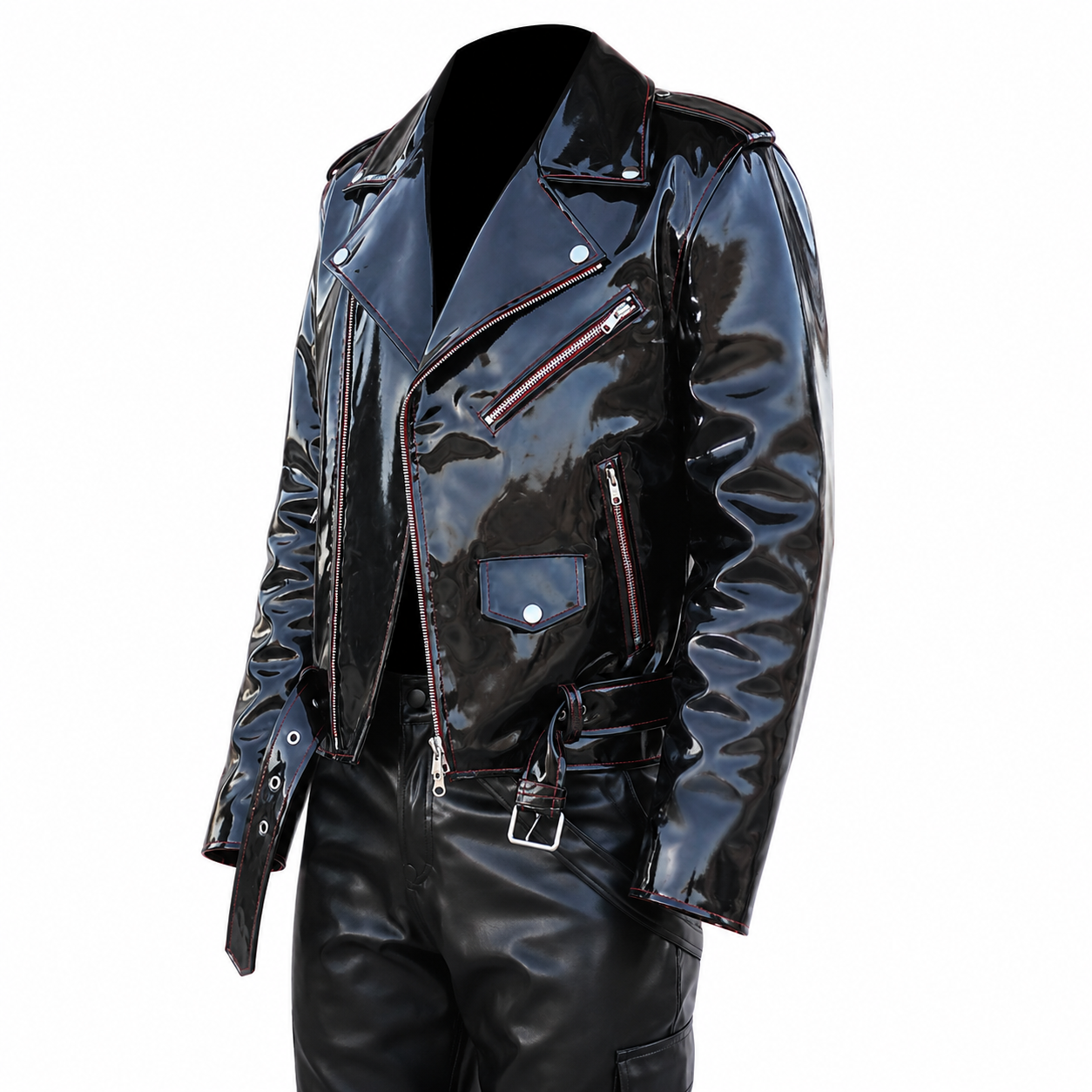 Men’s Emo Vinyl Biker Jacket with Gothic Red Stitching