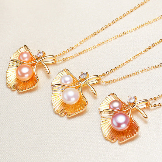 Double Leaf Zircon Pearl Pendant Necklace