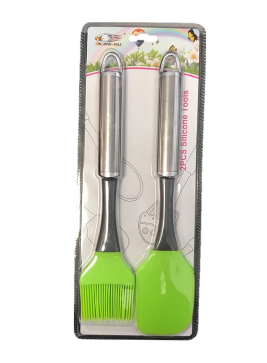 Premium Green Silicone Spatula and Pastry Brush Set with Metal Handles