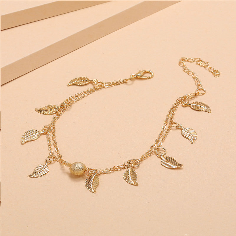 Round Beads, Small Leaves And Tassel Double-Layer Anklet