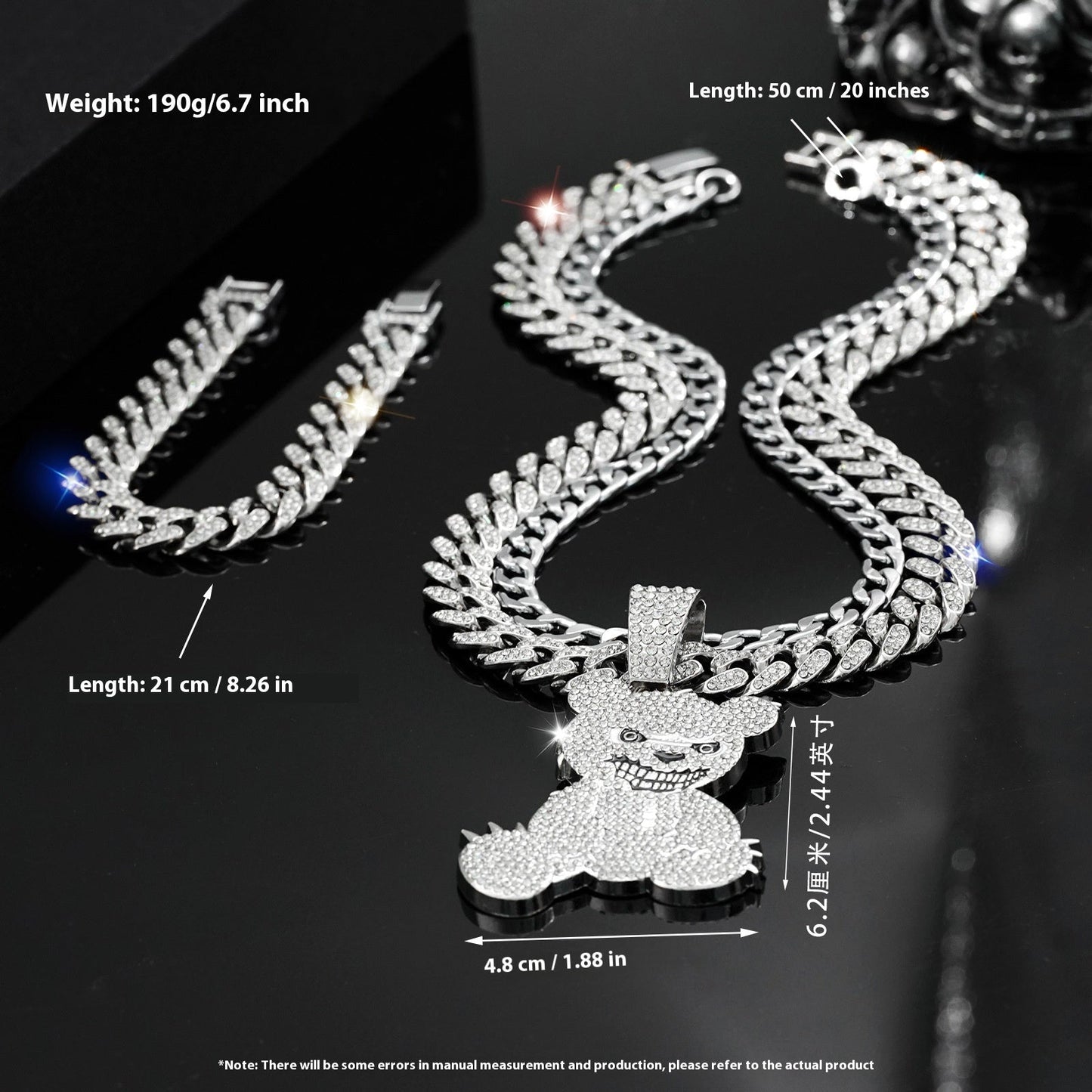 Fully jewelled Bear Pendant Necklace & Bracelet Set, 3Pcs