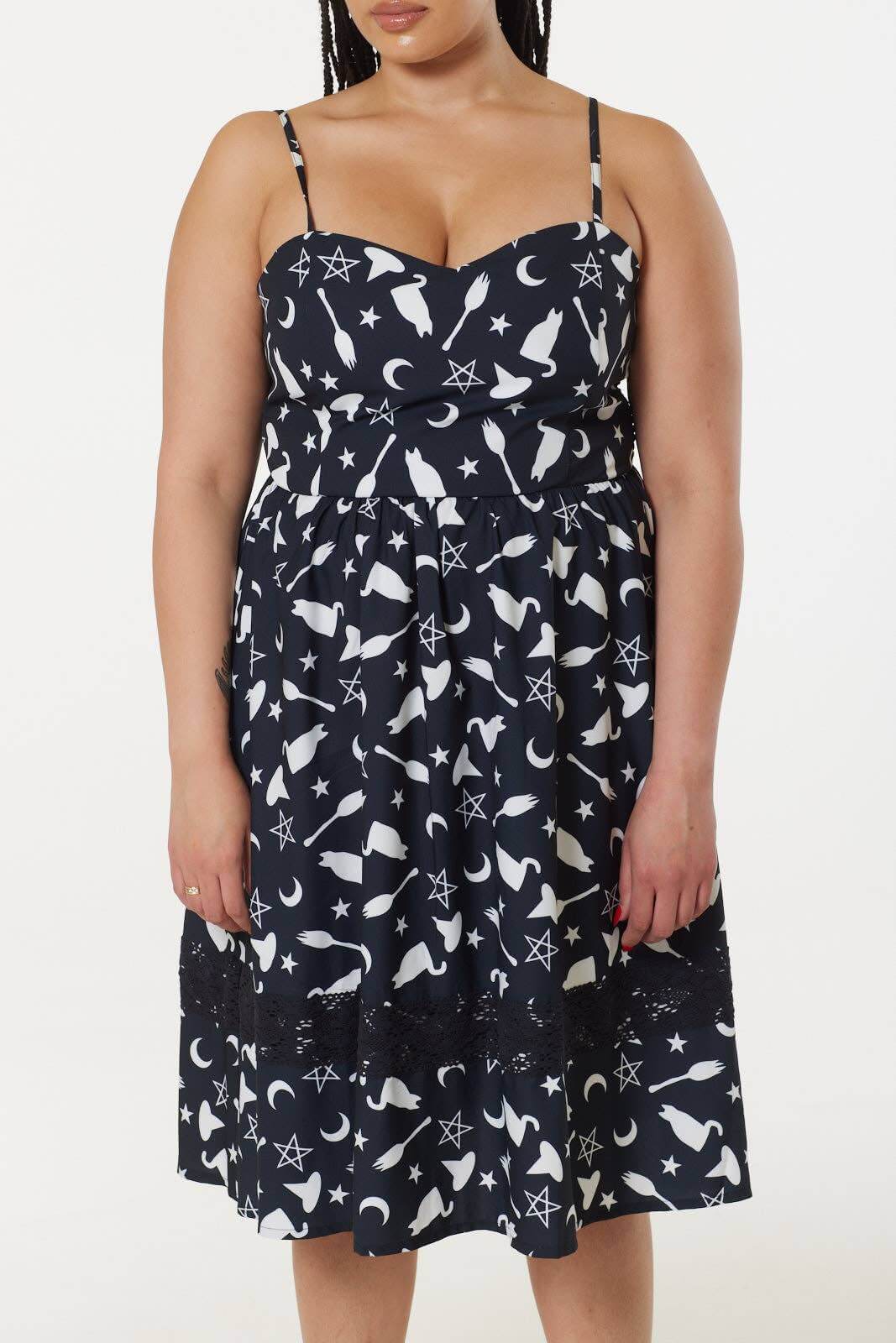 Alternative Midi Fit&Flare Witch Print Dress with Lace hem