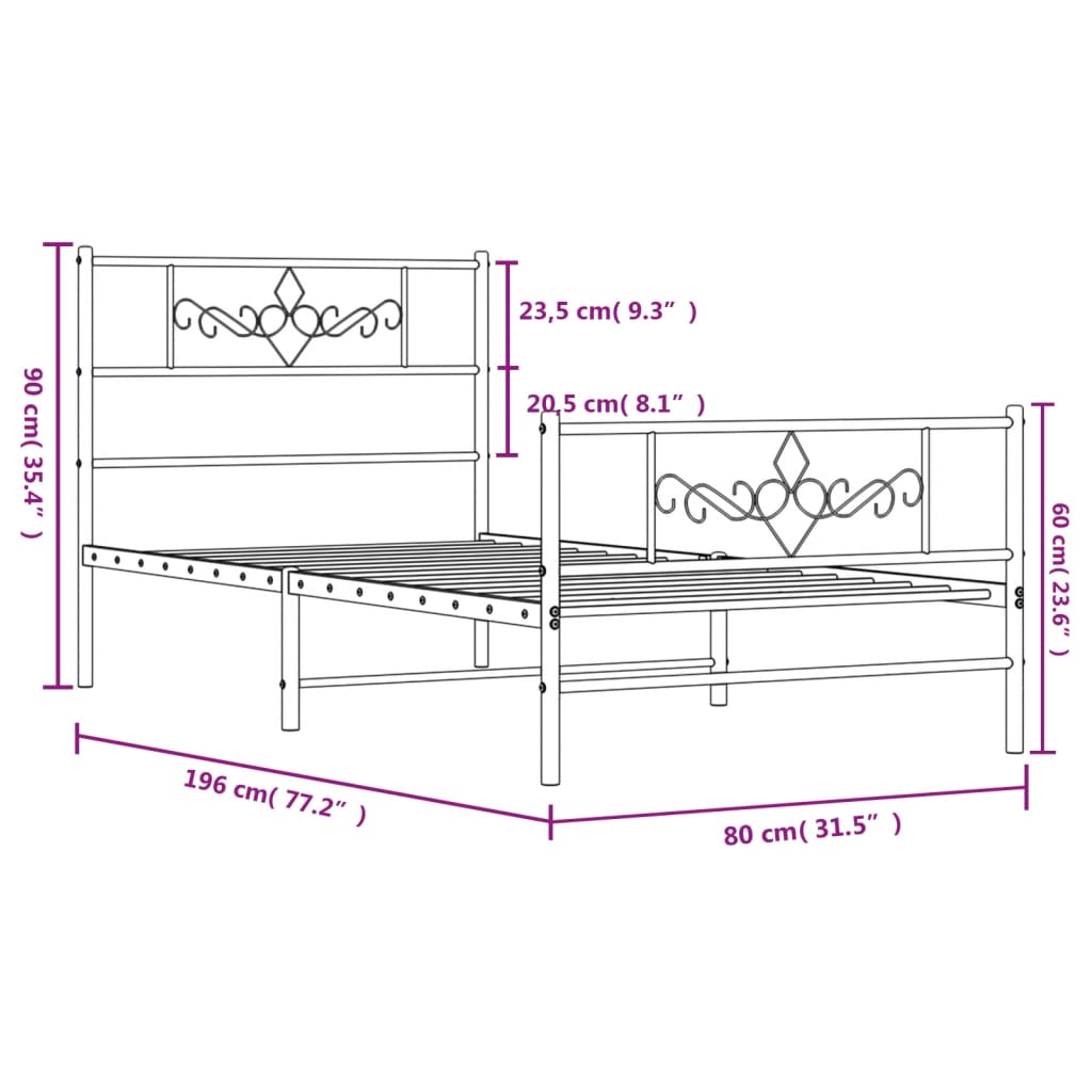 Metal Bed Frame without Mattress with Footboard Black 75x190cm