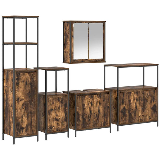 Bathroom Furniture Set with Shelf 5 pcs Smoked oak and Black