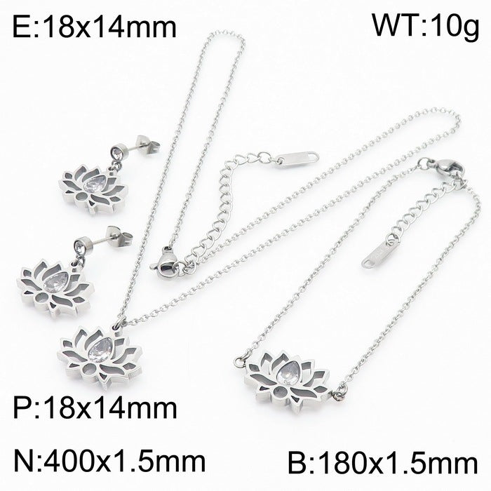 Minimalist Stainless Steel Zircon Lotus Jewellery Set