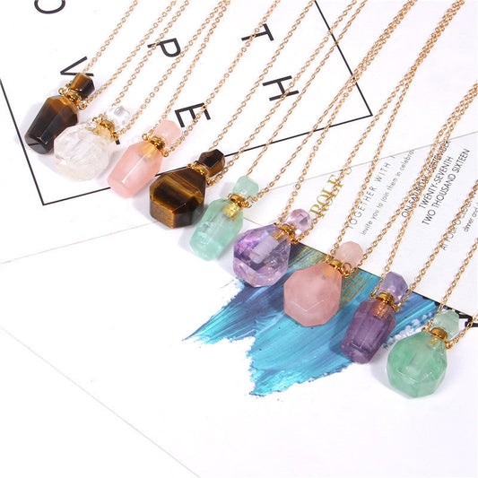 Perfume Bottle Crystal Pendant Necklace, Gold Chain