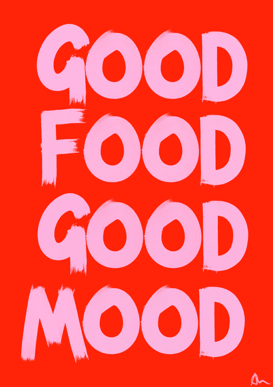 Good Food Good Mood | Pink and Red Food and Drink Kitsch Kitchen Print