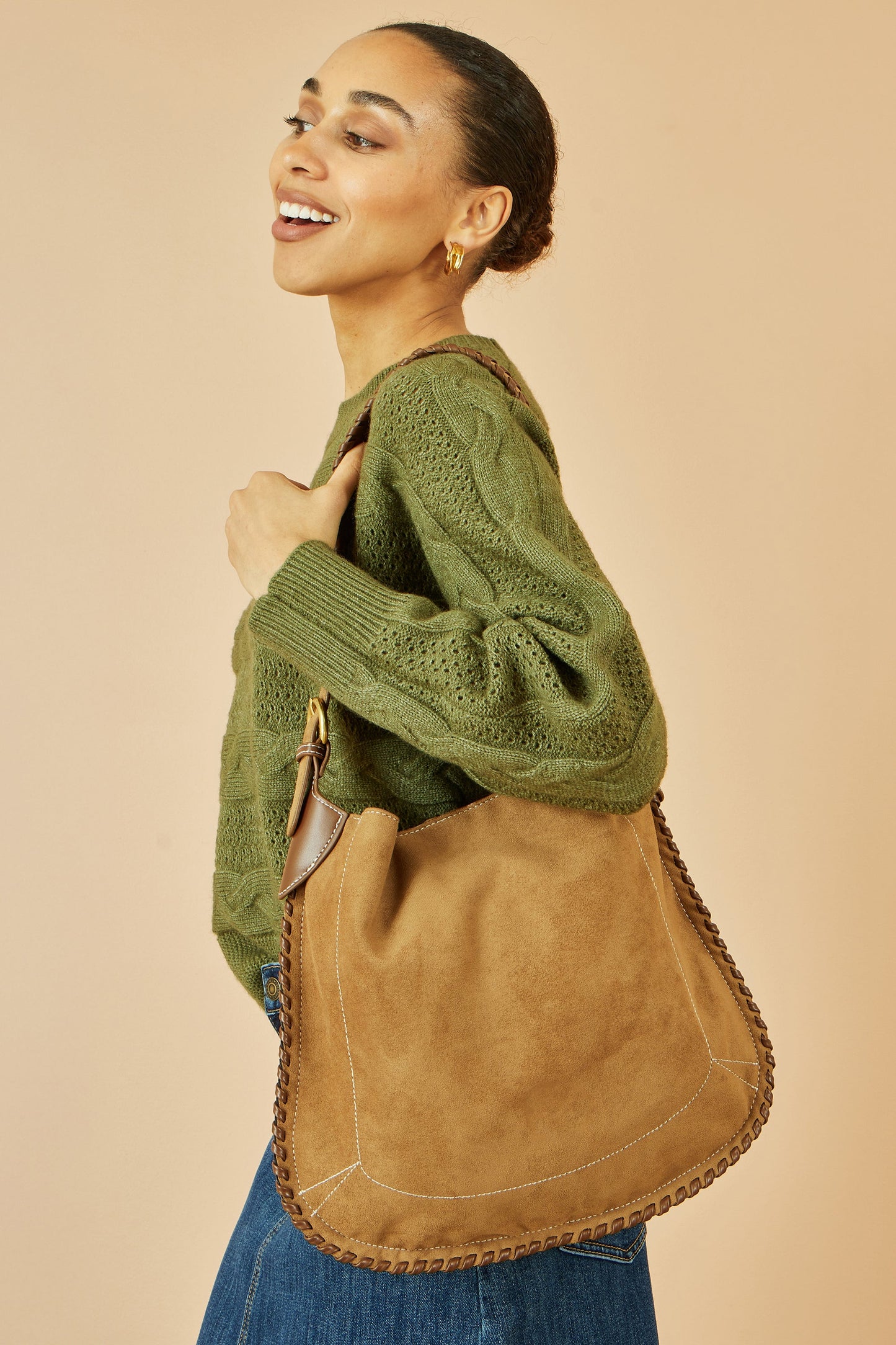 Yumi Tan Faux Suede Stitching Detail Bag