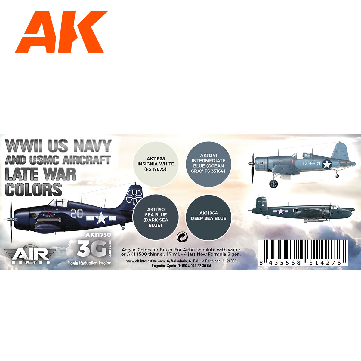AK Interactive 3rd Gen Aircraft Paint Set - WWII US Navy & USMC Aircraft Late War Colors Set