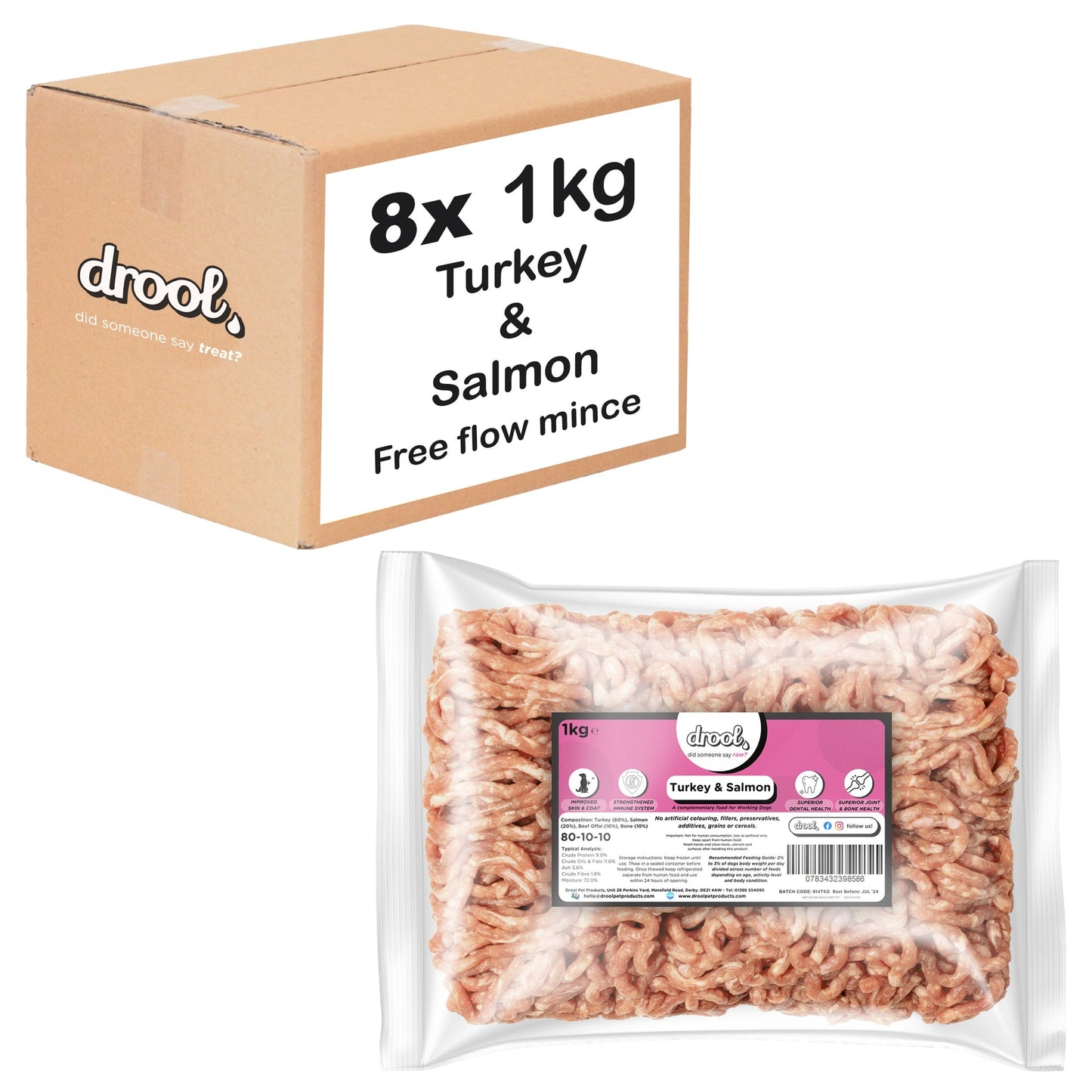 Drool Mince Freeflow Turkey & Salmon 1kg - 8 pack box