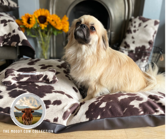 Luxury Faux Cowhide Dog Daybed with Removable Cover – Handmade in Devon