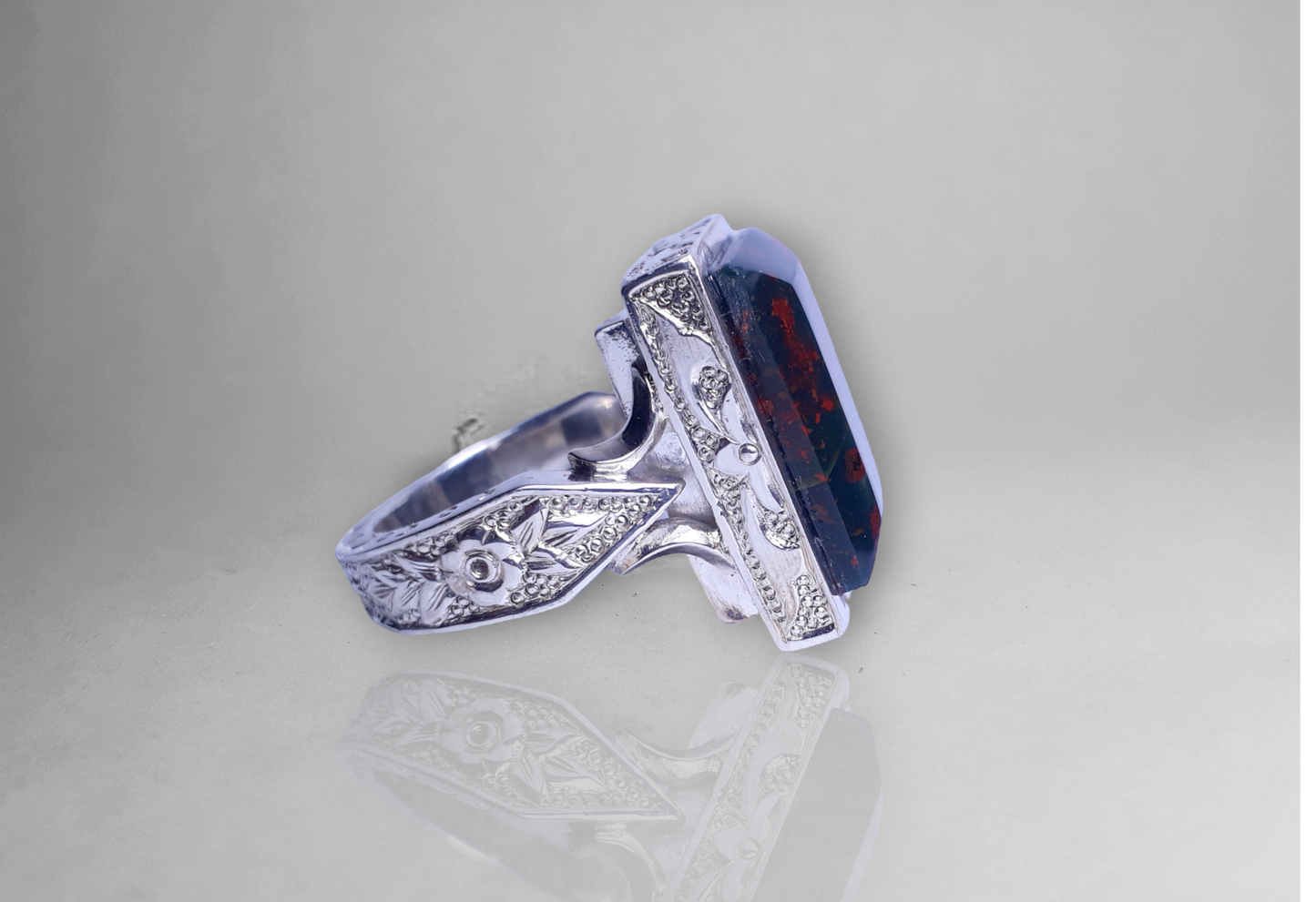 HandCrafted Natural Heliotrope aka Blood Stone Ring Sterling Silver - Perfect Gift for HIM