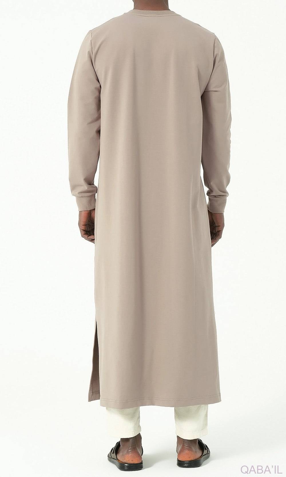 Embroidered Long Thobe for Muslim Men Sham R24 QL in Taupe