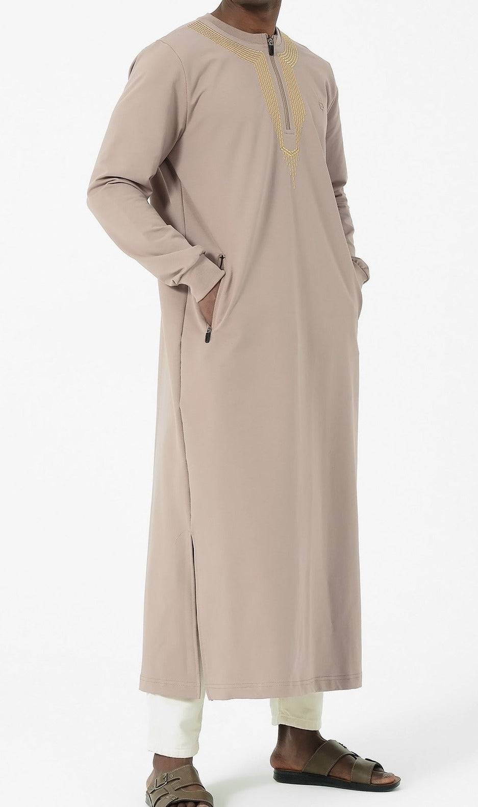Embroidered Long Thobe for Muslim Men Sham R24 QL in Taupe