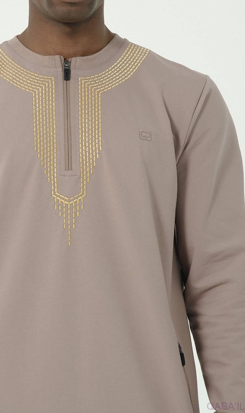 Embroidered Long Thobe for Muslim Men Sham R24 QL in Taupe