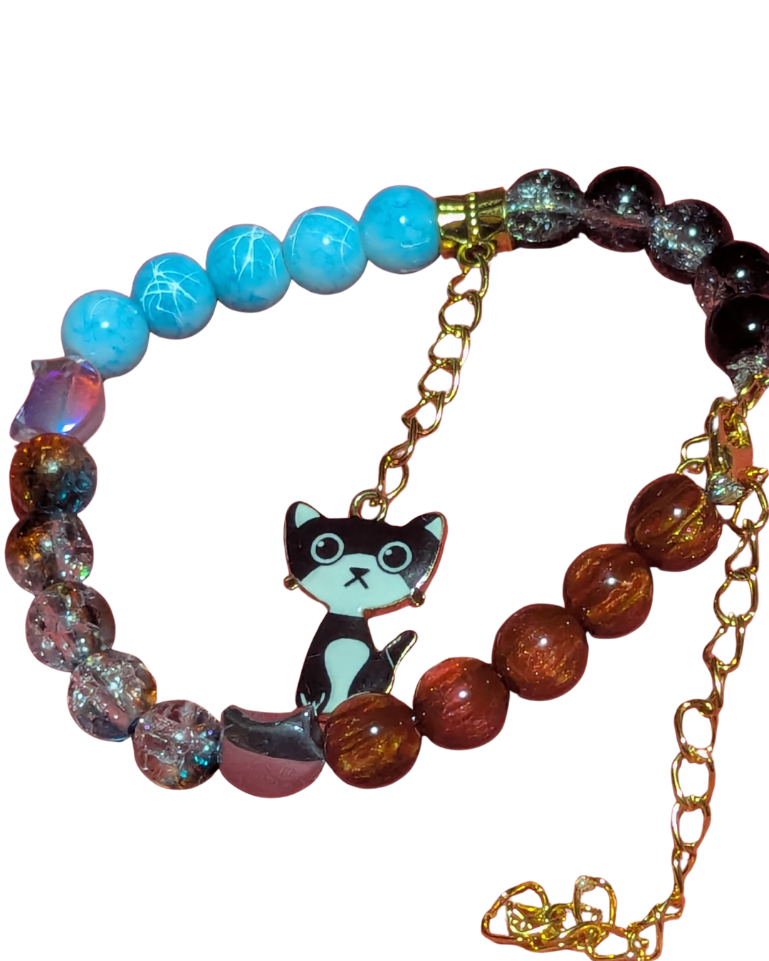 Handmade Multicolour Beaded Cat Charm Bracelet – Gold Tone Adjustable