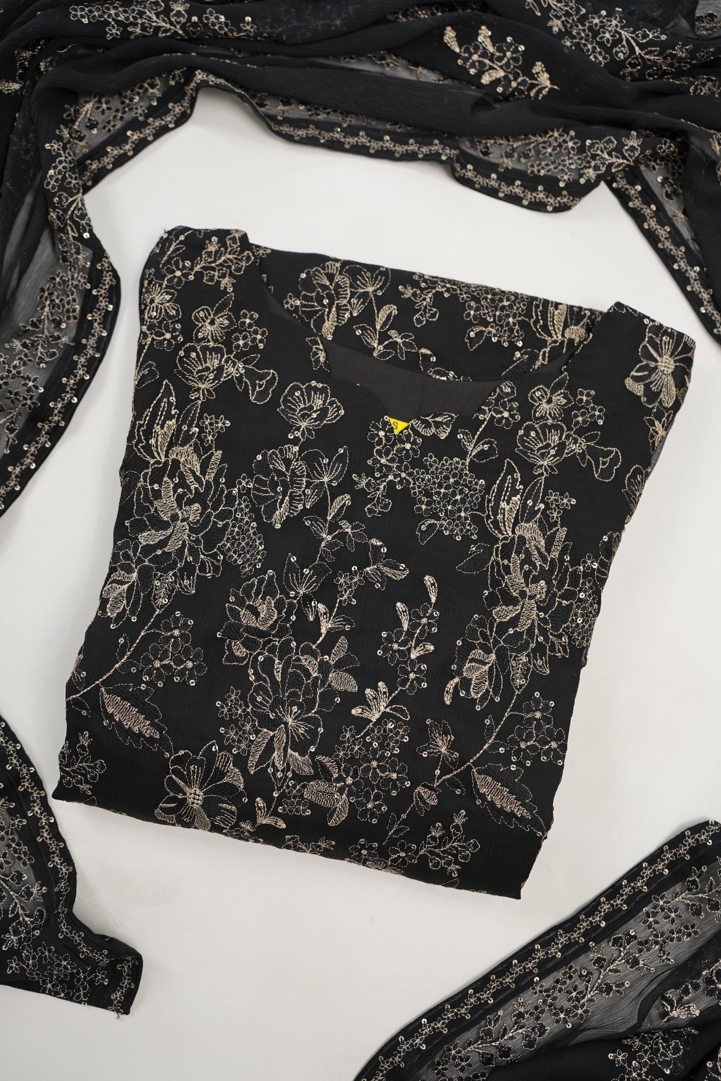Husan e Jahan - Luxury Chiffon Outfit with Chiffon Dupatta - Ready to Wear - HEJBlackV3D5