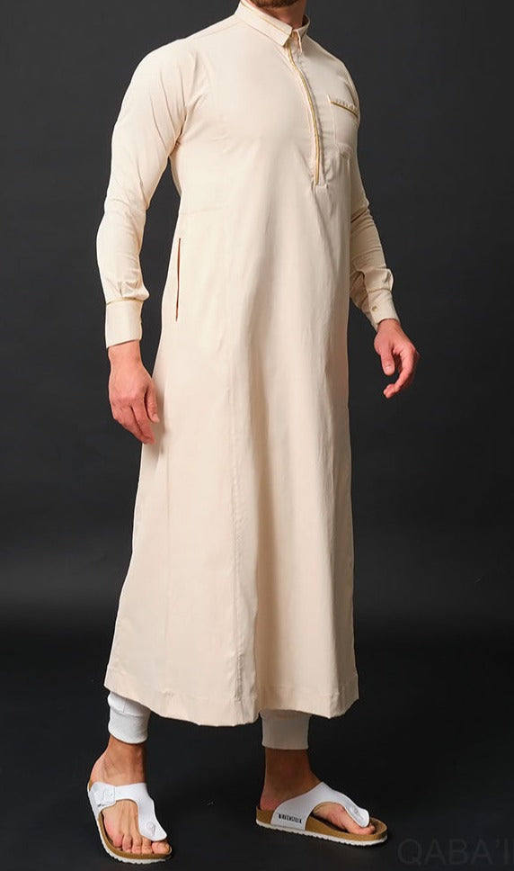 Muslim Men's Long Thobe Smart Kamees SL QL in Beige and Gold