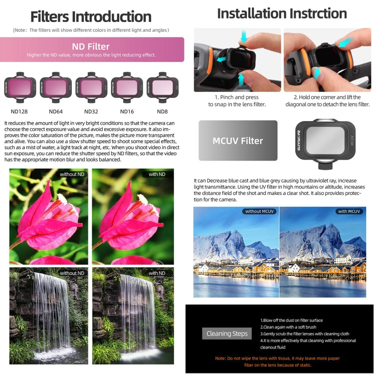 For DJI Avata 2 Sunnylife Camera Lens Filter, MCUV, ND8, ND16, ND32, ND64, ND128, 4 in 1 ND8/16/32/64, 5 in 1 ND8/16/32/64/128, 4 in 1 MCUV ND8/16/32, 6 in 1 MCUV ND8/16/32/64/128