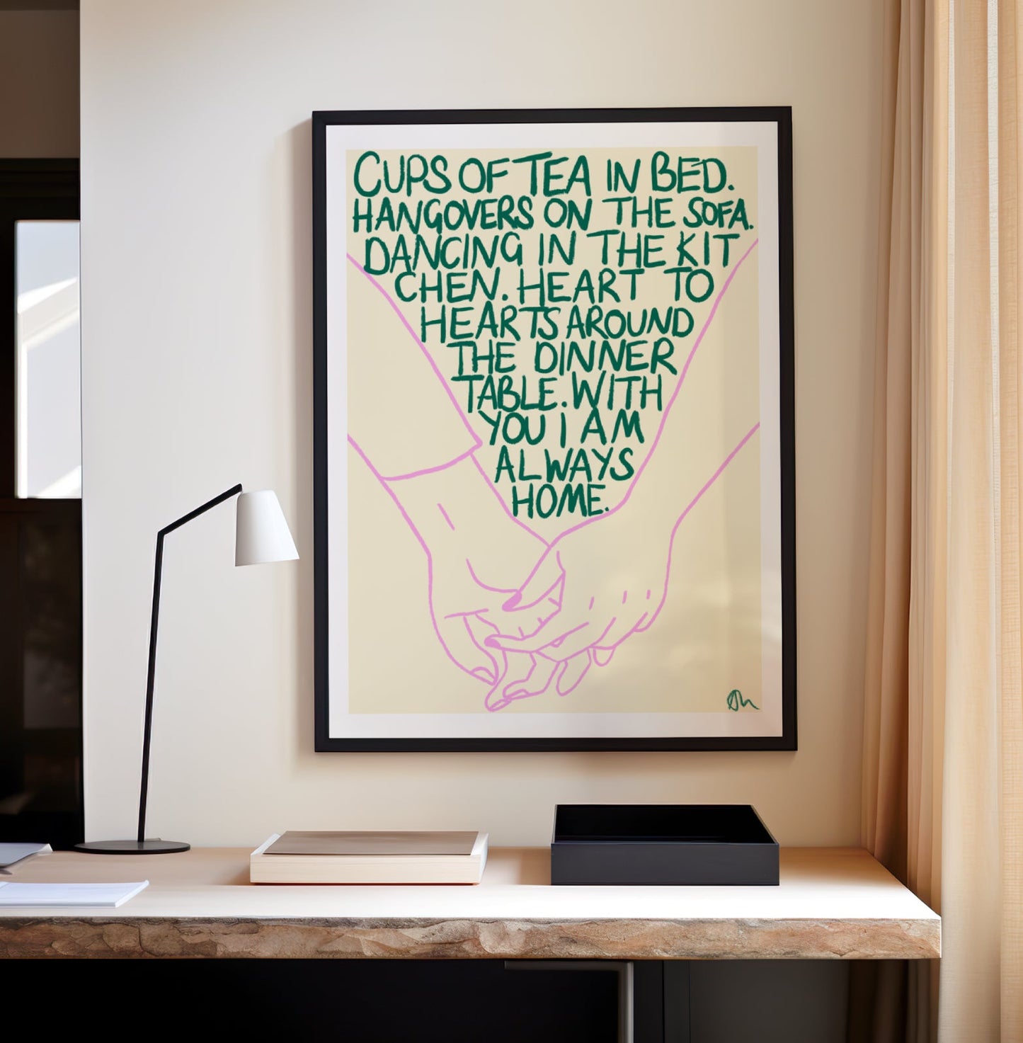 Cups of Tea in Bed | Green and Lilac Hand Drawn Living Room Bedroom Bold Food and Drink Print