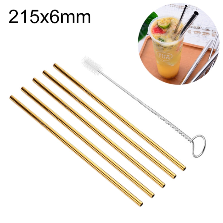 5pcs Reusable Stainless Steel Straight Drinking Straw + Cleaner Brush Set Kit, 215*6mm, 215*6mm (Straight)