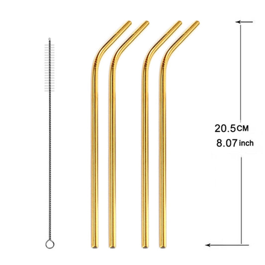 5pcs Reusable Stainless Steel Bent Drinking Straw + Cleaner Brush Set Kit, 215*8mm, 215*8mm (Bent)