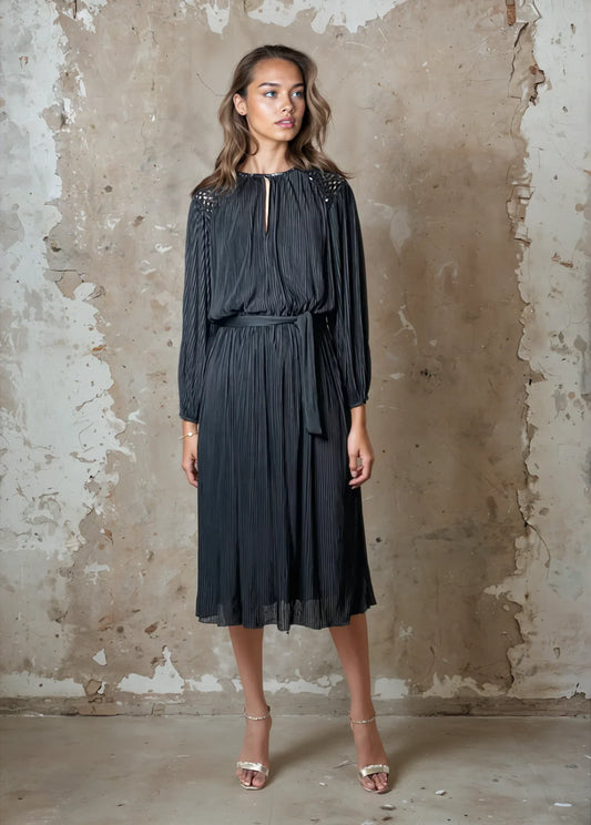 1970'S Vintage Original Black Pleated Long Sleeved Dress Uk 10 - 12